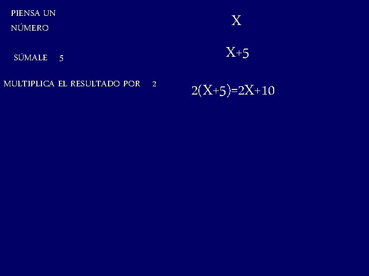 PIENSA UN NÚMERO SÚMALE 5 MULTIPLICA EL RESULTADO POR 2 X X+5 2(X+5)=2 X+10