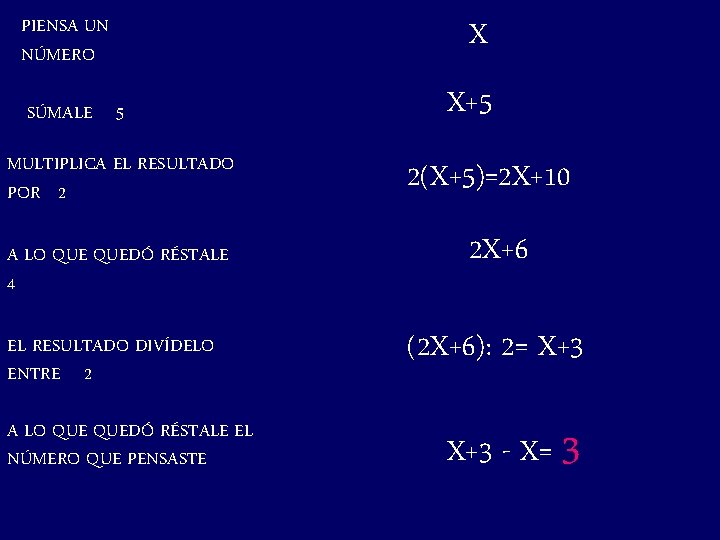 PIENSA UN NÚMERO SÚMALE 5 MULTIPLICA EL RESULTADO POR 2 A LO QUEDÓ RÉSTALE