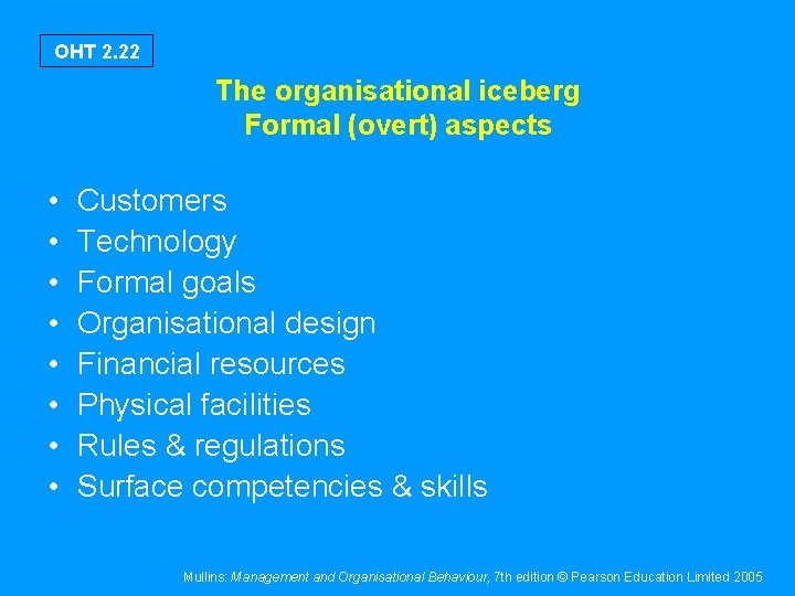 OHT 2. 22 The organisational iceberg Formal (overt) aspects • • Customers Technology Formal