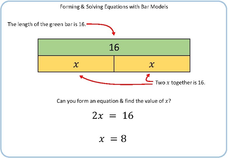 Forming & Solving Equations with Bar Models The length of the green bar is