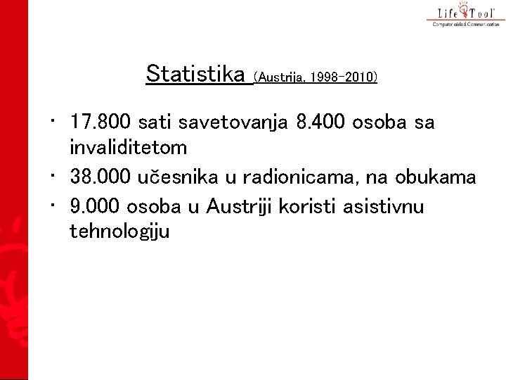 Statistika (Austrija, 1998 -2010) • 17. 800 sati savetovanja 8. 400 osoba sa invaliditetom