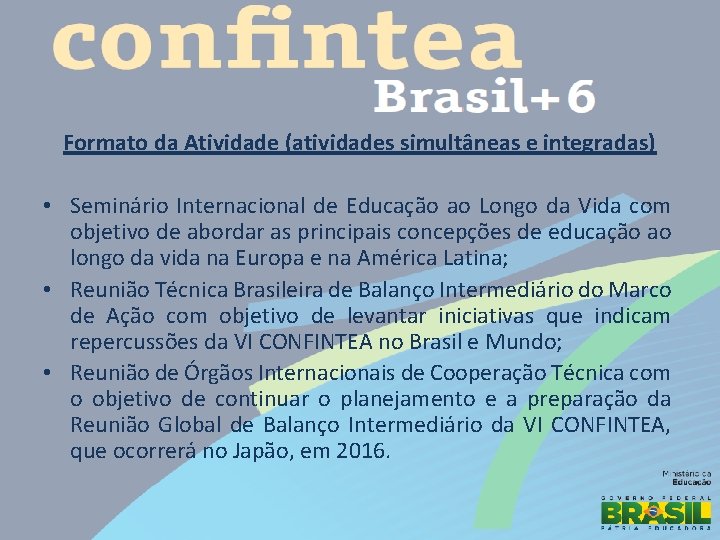 Formato da Atividade (atividades simultâneas e integradas) • Seminário Internacional de Educação ao Longo