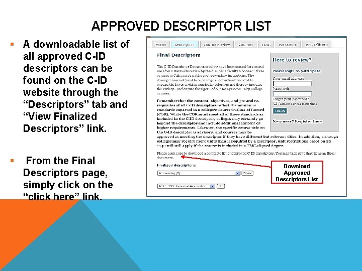 APPROVED DESCRIPTOR LIST § A downloadable list of all approved C-ID descriptors can be