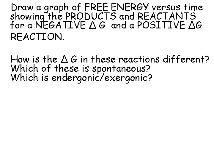 Draw a graph of FREE ENERGY versus time showing the PRODUCTS and REACTANTS for