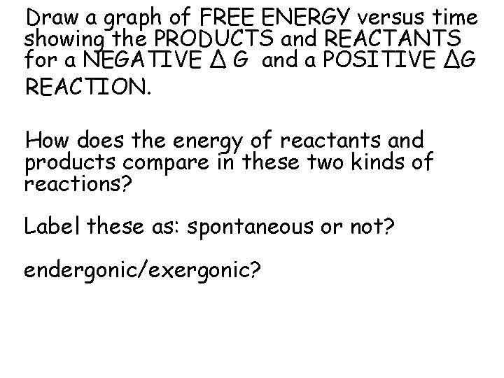 Draw a graph of FREE ENERGY versus time showing the PRODUCTS and REACTANTS for