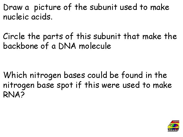 Draw a picture of the subunit used to make nucleic acids. Circle the parts