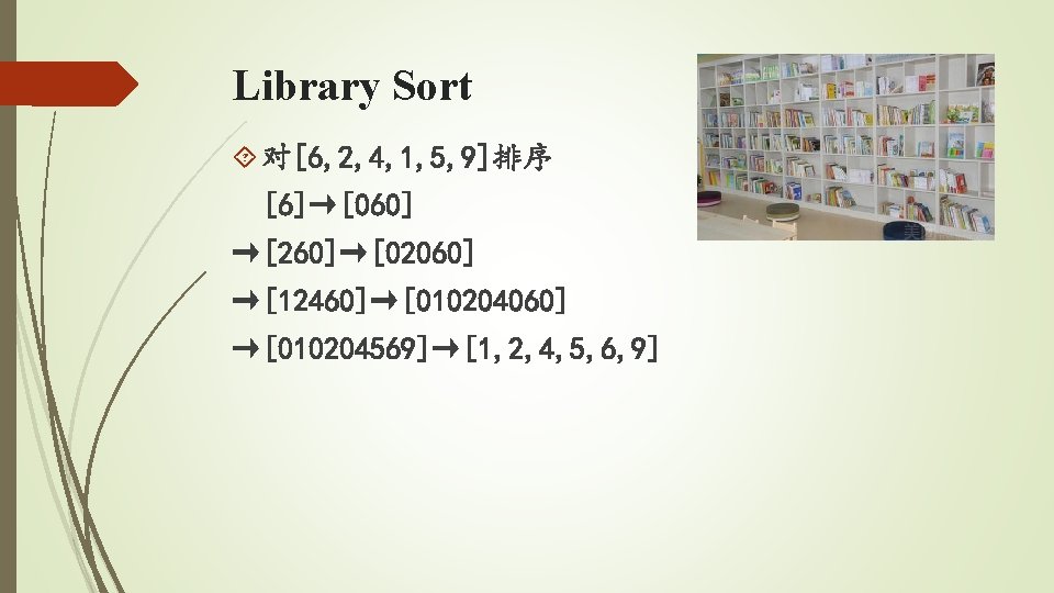 Library Sort 对[6, 2, 4, 1, 5, 9]排序 [6]→[060] →[260]→[02060] →[12460]→[010204060] →[010204569]→[1, 2, 4,