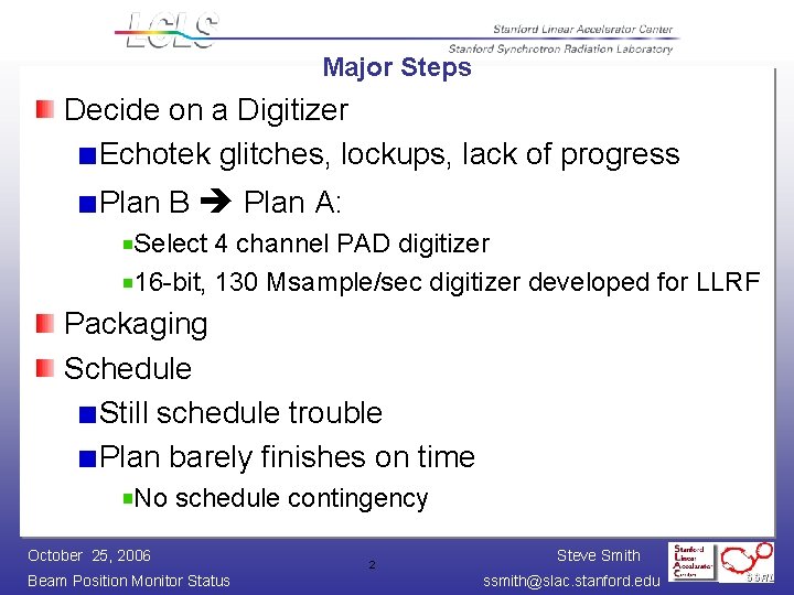 Major Steps Decide on a Digitizer Echotek glitches, lockups, lack of progress Plan B
