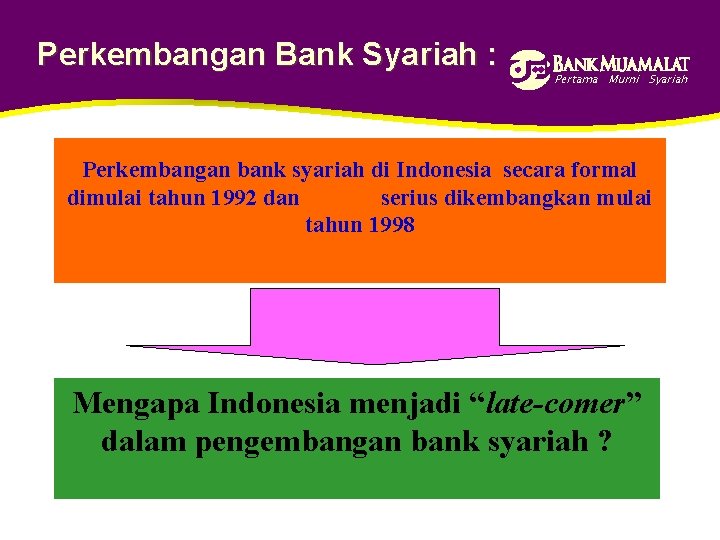 Perkembangan Bank Syariah : Pertama Murni Syariah Perkembangan bank syariah di Indonesia secara formal