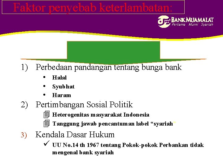Faktor penyebab keterlambatan: Pertama Murni Syariah 1) Perbedaan pandangan tentang bunga bank • Halal