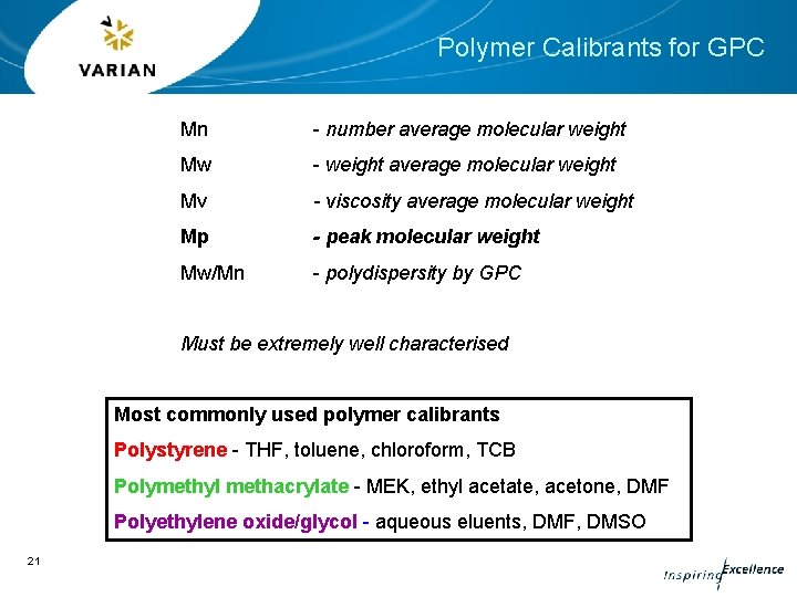 Polymer Calibrants for GPC Mn - number average molecular weight Mw - weight average