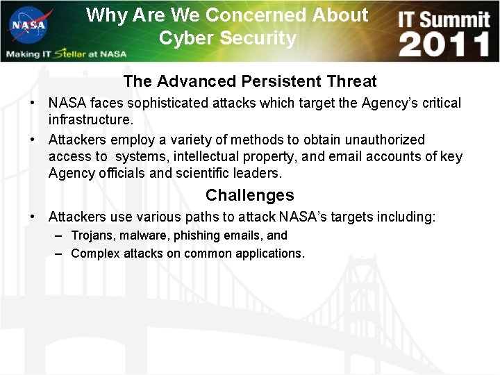 Why Are We Concerned About Cyber Security The Advanced Persistent Threat • NASA faces