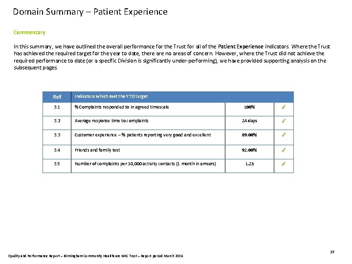 Domain Summary – Patient Experience Commentary In this summary, we have outlined the overall