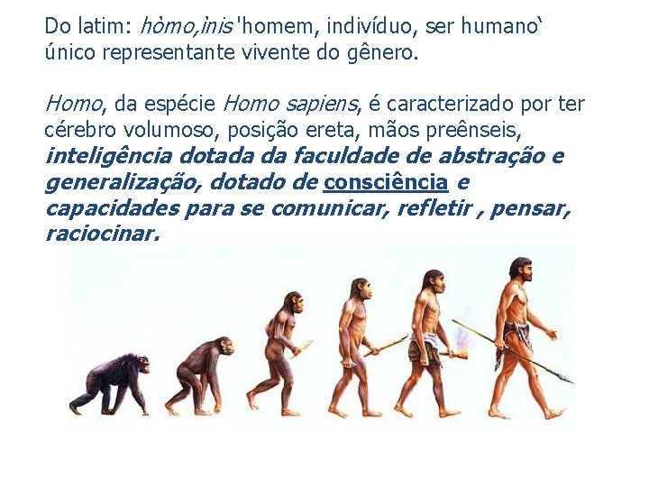 Do latim: hòmo, ìnis 'homem, indivíduo, ser humano‘ único representante vivente do gênero. Homo,