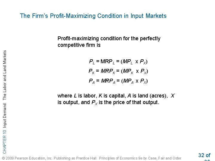 The Firm’s Profit-Maximizing Condition in Input Markets CHAPTER 10 Input Demand: The Labor and