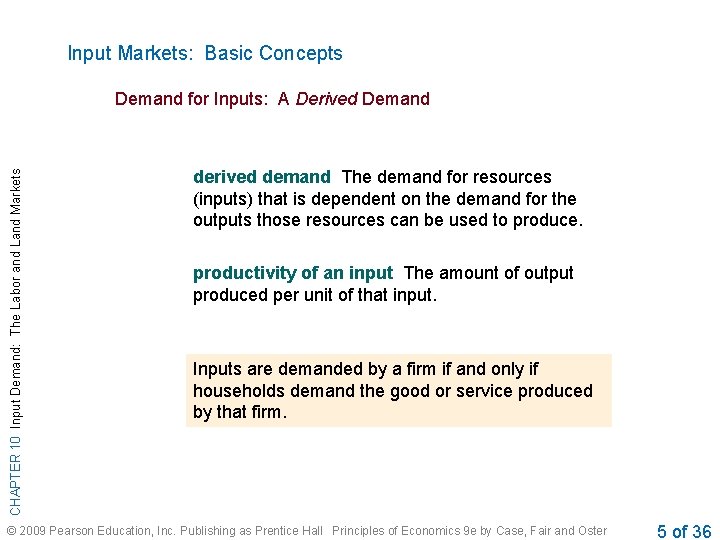 Input Markets: Basic Concepts CHAPTER 10 Input Demand: The Labor and Land Markets Demand