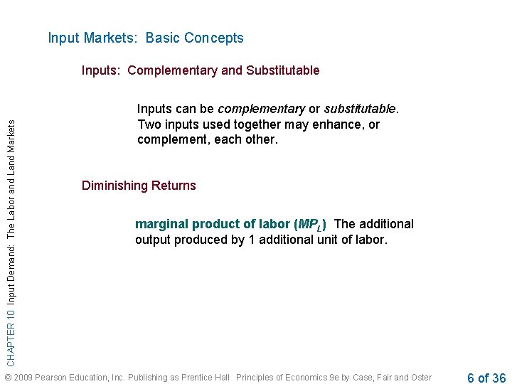 Input Markets: Basic Concepts CHAPTER 10 Input Demand: The Labor and Land Markets Inputs: