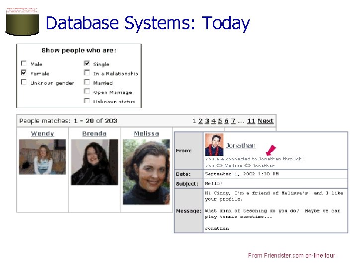 Database Systems: Today From Friendster. com on-line tour 