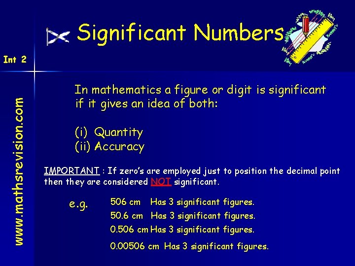 Significant Numbers www. mathsrevision. com Int 2 In mathematics a figure or digit is