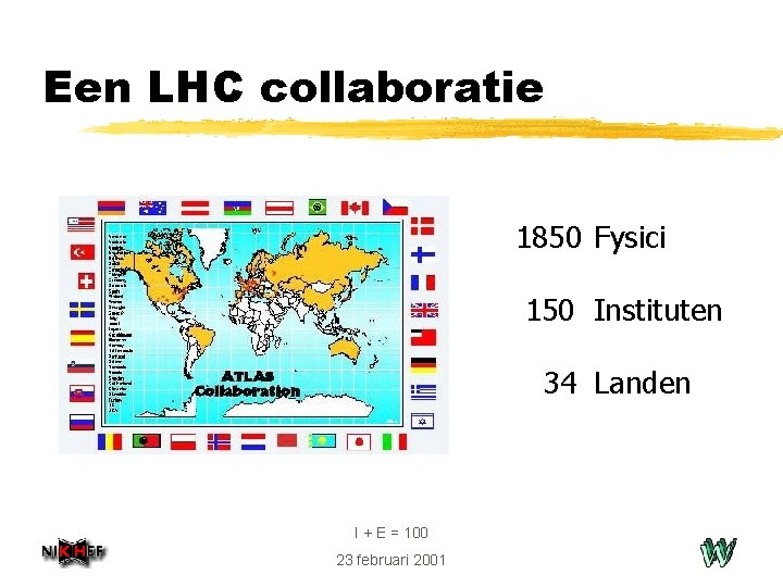 Een LHC collaboratie 1850 Fysici 150 Instituten 34 Landen I + E = 100