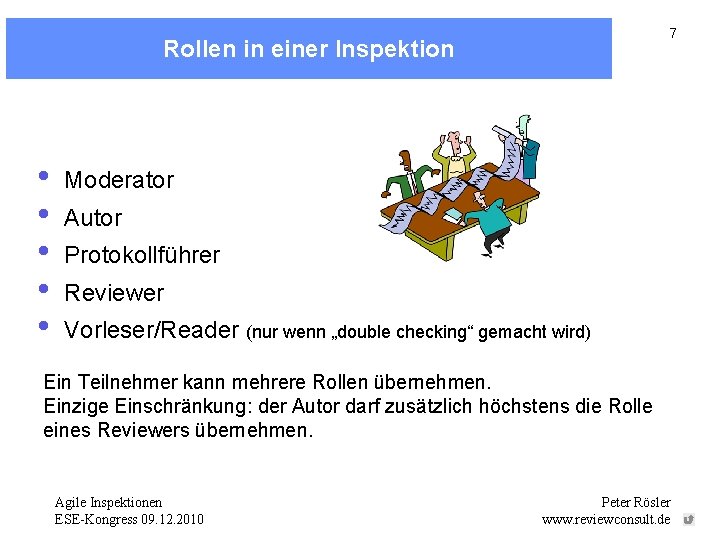 7 Rollen in einer Inspektion • • • Moderator Autor Protokollführer Reviewer Vorleser/Reader (nur