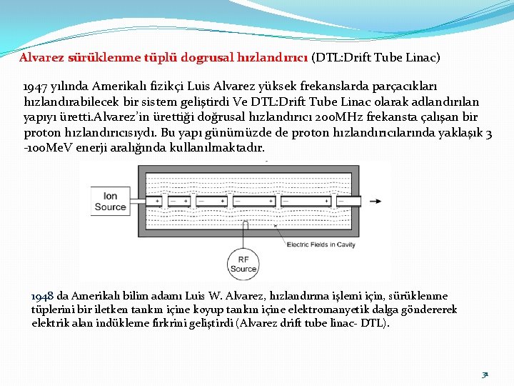 Alvarez sürüklenme tüplü dogrusal hızlandırıcı (DTL: Drift Tube Linac) 1947 yılında Amerikalı fizikçi Luis