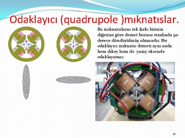 Odaklayıcı (quadrupole )mıknatıslar. Bu mıknatısların tek farkı birinin diğerine göre demet borusu etrafında 90