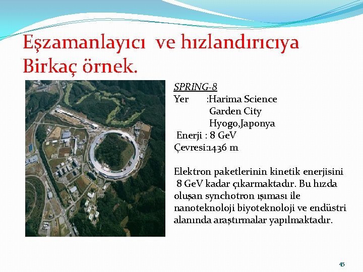 Eşzamanlayıcı ve hızlandırıcıya Birkaç örnek. SPRING-8 Yer : Harima Science Garden City Hyogo, Japonya