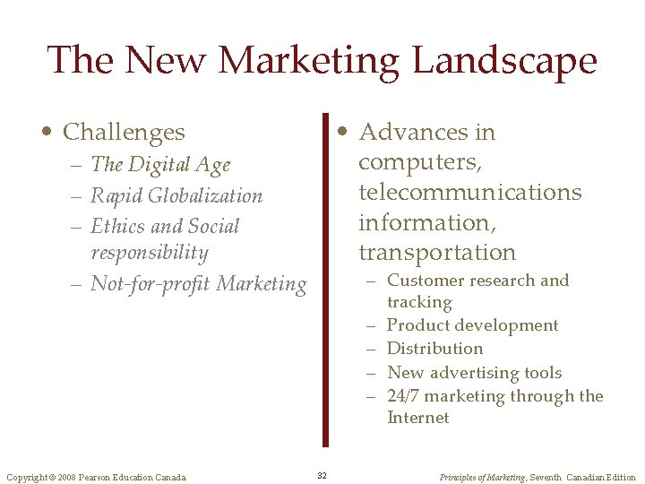 The New Marketing Landscape • Challenges • Advances in computers, telecommunications information, transportation –