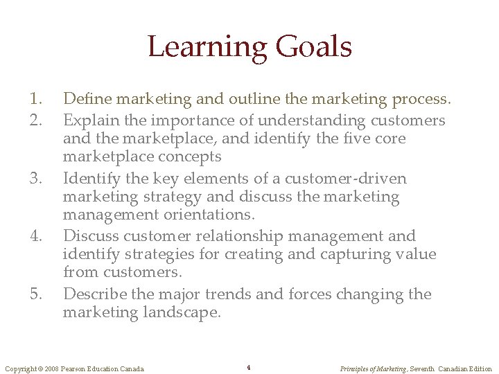 Learning Goals 1. 2. 3. 4. 5. Define marketing and outline the marketing process.