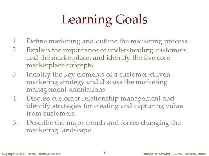 Learning Goals 1. 2. 3. 4. 5. Define marketing and outline the marketing process.