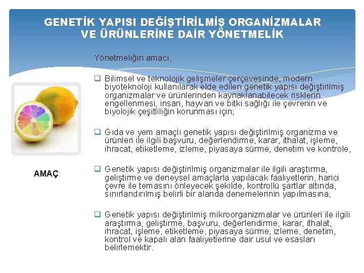 GENETİK YAPISI DEĞİŞTİRİLMİŞ ORGANİZMALAR VE ÜRÜNLERİNE DAİR YÖNETMELİK Yönetmeliğin amacı, q Bilimsel ve teknolojik