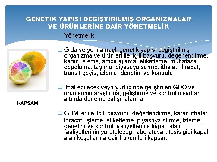 GENETİK YAPISI DEĞİŞTİRİLMİŞ ORGANİZMALAR VE ÜRÜNLERİNE DAİR YÖNETMELİK Yönetmelik; q Gıda ve yem amaçlı