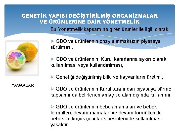 GENETİK YAPISI DEĞİŞTİRİLMİŞ ORGANİZMALAR VE ÜRÜNLERİNE DAİR YÖNETMELİK Bu Yönetmelik kapsamına giren ürünler ile