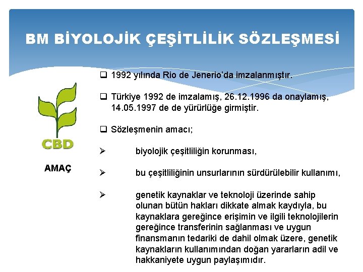 BM BİYOLOJİK ÇEŞİTLİLİK SÖZLEŞMESİ q 1992 yılında Rio de Jenerio’da imzalanmıştır. q Türkiye 1992