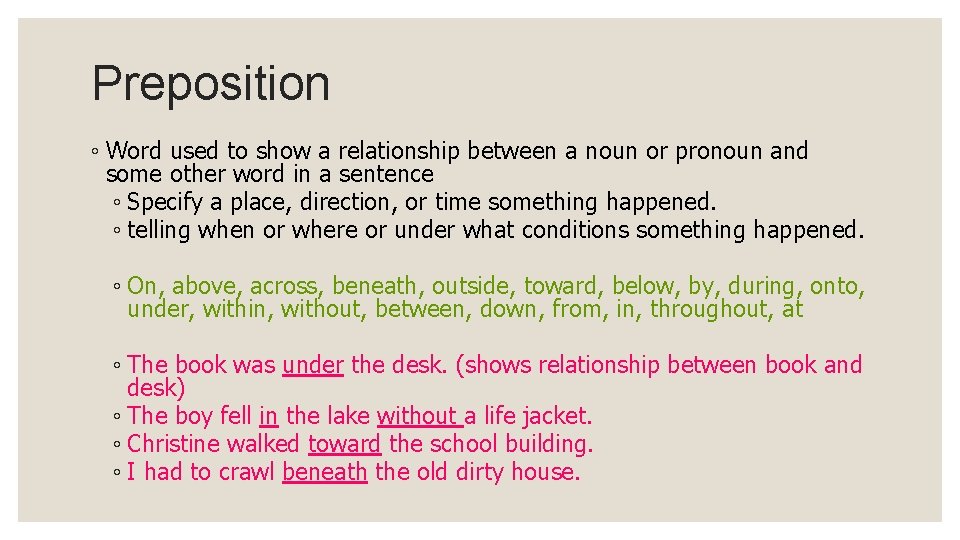 Preposition ◦ Word used to show a relationship between a noun or pronoun and