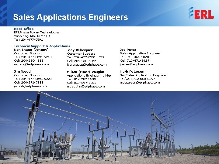 Sales Applications Engineers Head Office ERLPhase Power Technologies Winnipeg, MB, R 3 Y 1