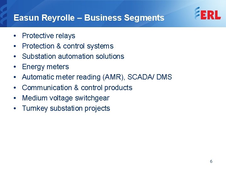 Easun Reyrolle – Business Segments • • Protective relays Protection & control systems Substation