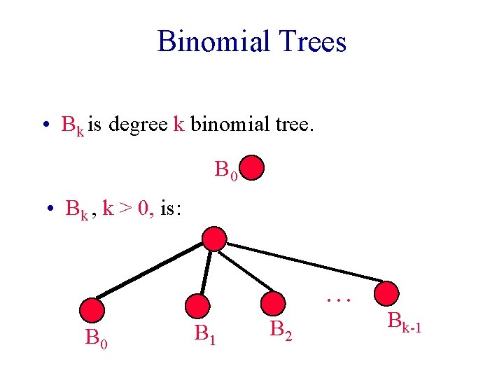 Binomial Trees • Bk is degree k binomial tree. B 0 • Bk ,