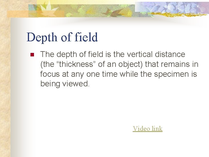 Depth of field n The depth of field is the vertical distance (the “thickness”