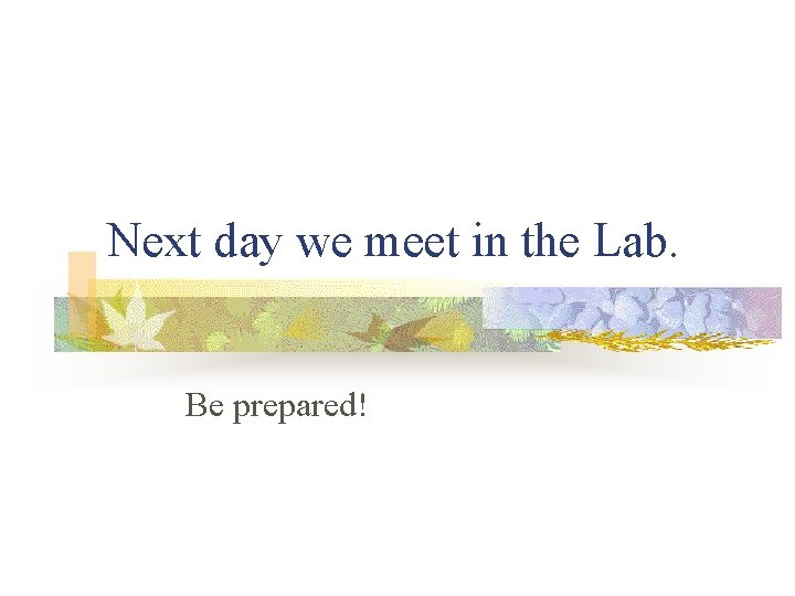 Next day we meet in the Lab. Be prepared! 