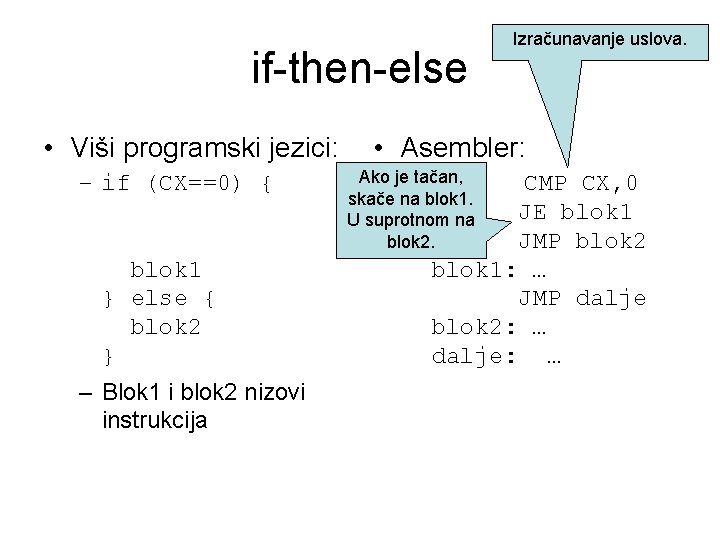 if-then-else • Viši programski jezici: – if (CX==0) { blok 1 } else {