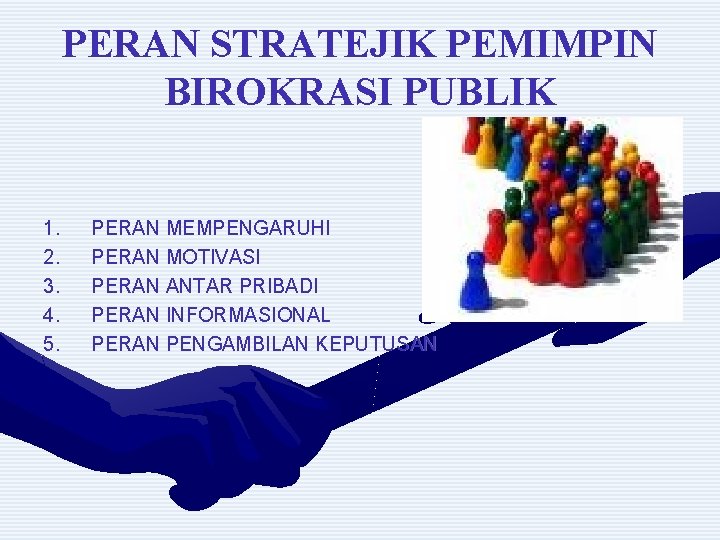 PERAN STRATEJIK PEMIMPIN BIROKRASI PUBLIK 1. 2. 3. 4. 5. PERAN MEMPENGARUHI PERAN MOTIVASI