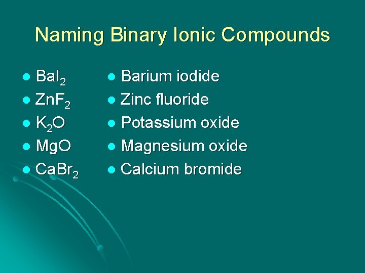 Naming Binary Ionic Compounds Ba. I 2 l Zn. F 2 l K 2