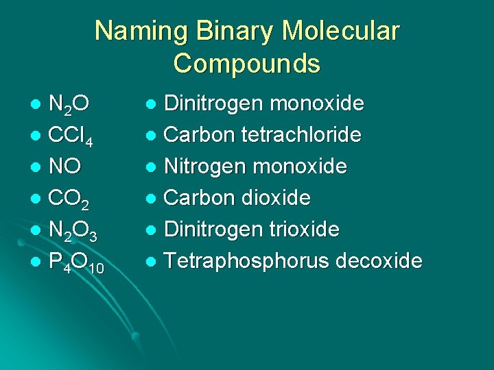 Naming Binary Molecular Compounds N 2 O l CCl 4 l NO l CO