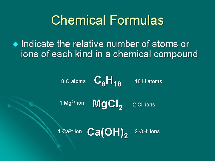 Chemical Formulas l Indicate the relative number of atoms or ions of each kind