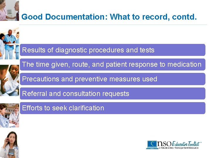 Good Documentation: What to record, contd. Results of diagnostic procedures and tests The time