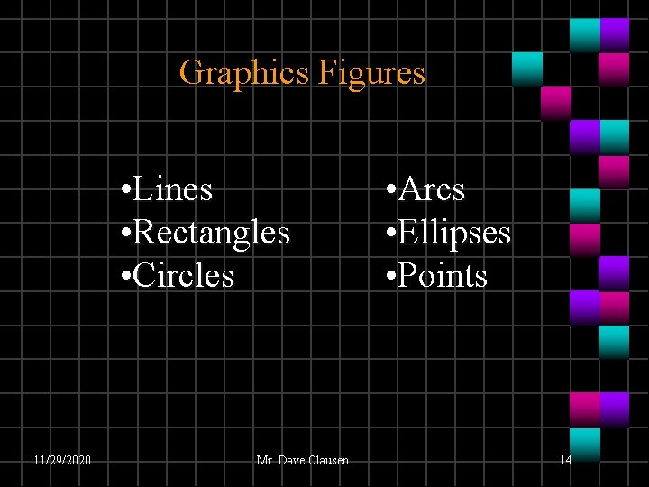 Graphics Figures • Lines • Rectangles • Circles 11/29/2020 Mr. Dave Clausen • Arcs Graphics Figures • Lines • Rectangles • Circles 11/29/2020 Mr. Dave Clausen • Arcs
