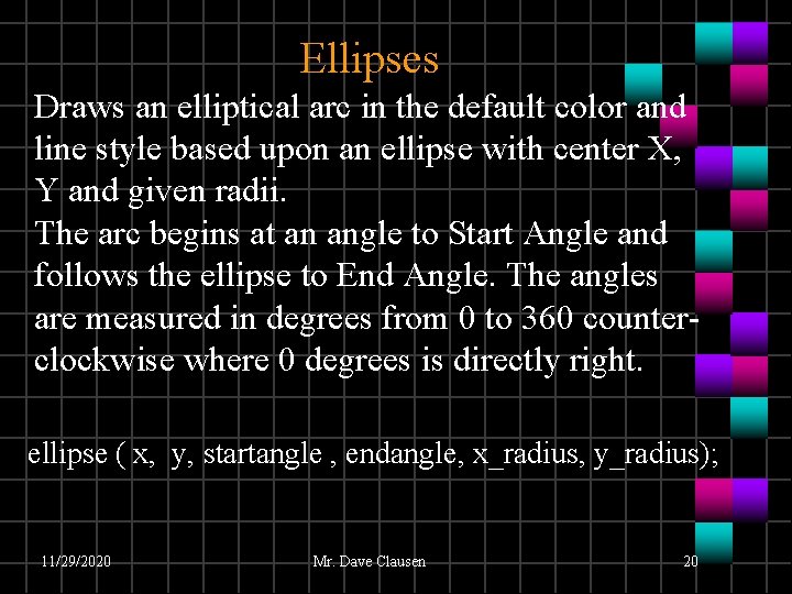Ellipses Draws an elliptical arc in the default color and line style based upon Ellipses Draws an elliptical arc in the default color and line style based upon