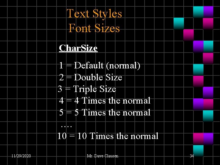 Text Styles Font Sizes Char. Size 1 = Default (normal) 2 = Double Size Text Styles Font Sizes Char. Size 1 = Default (normal) 2 = Double Size